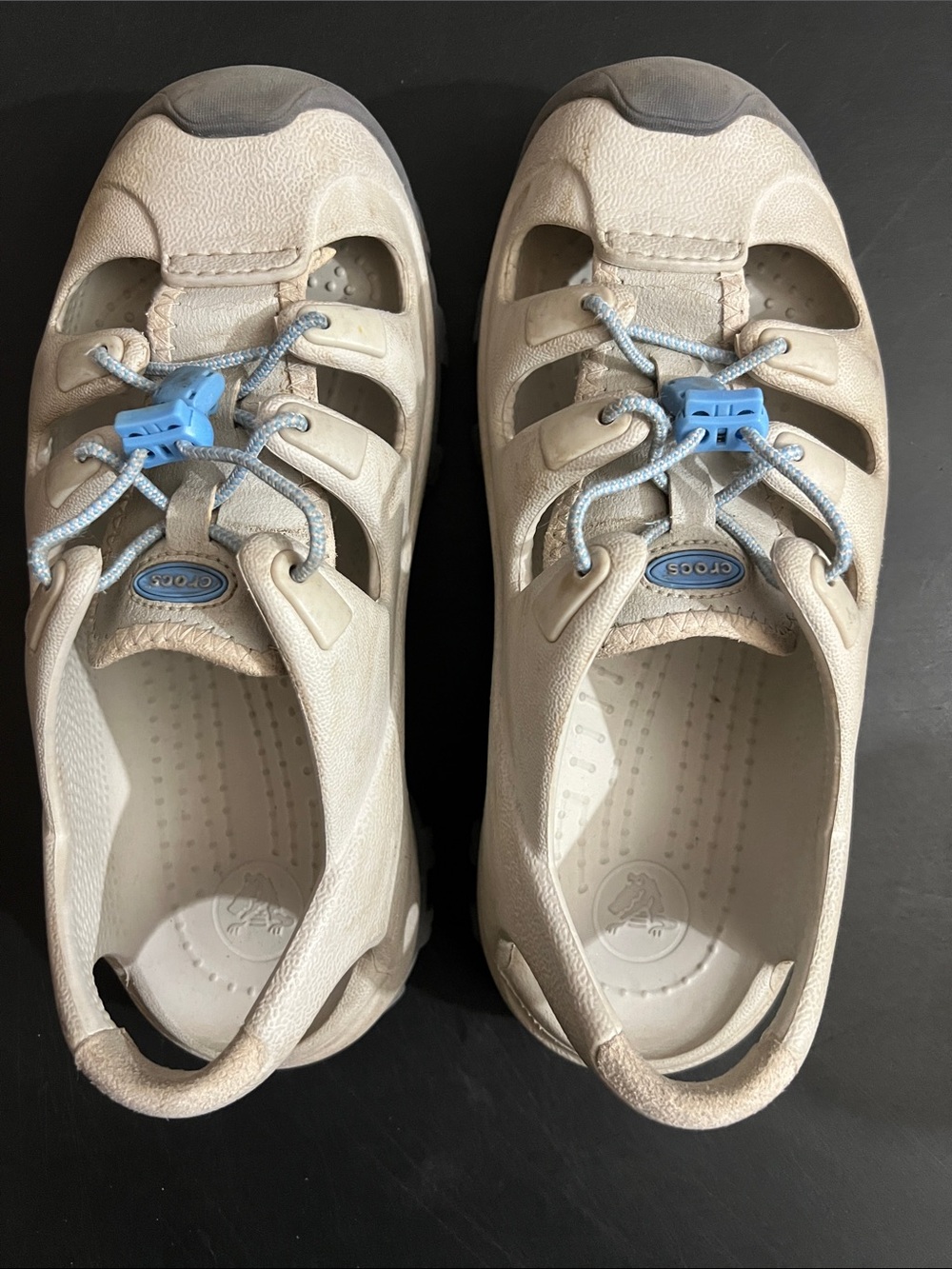 CROCS Beige Water Shoes with Light Blue Accents